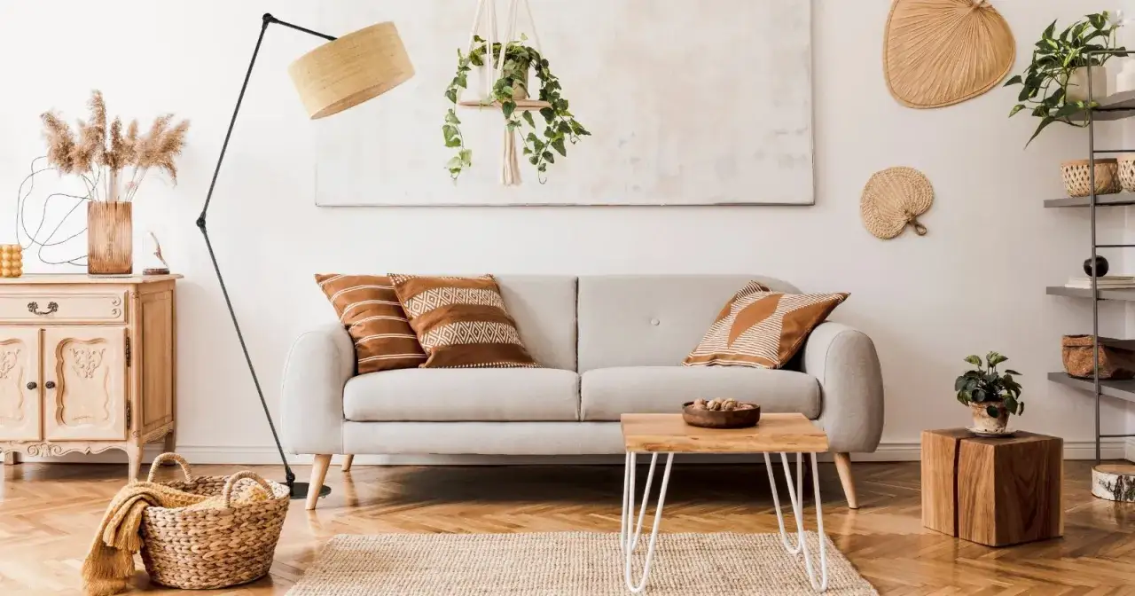 Przytulny salon boho z szarą kanapą, plecionymi koszami i roślinami.