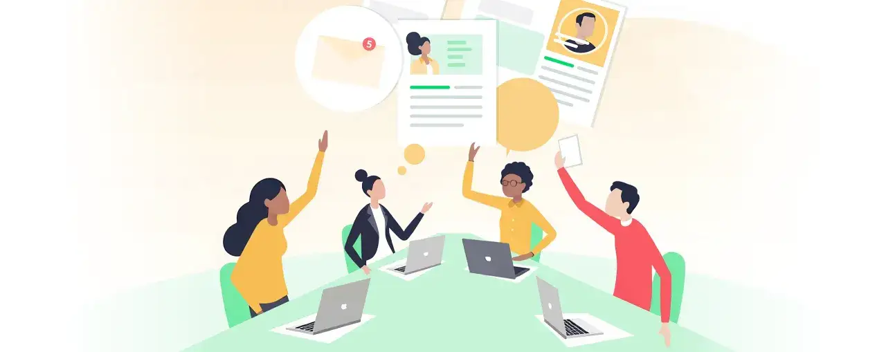 Een team vergadert, met laptops en documenten. De zelfbewuste leider ziet de ideeën opkomen, net als de nieuwe e-mails.