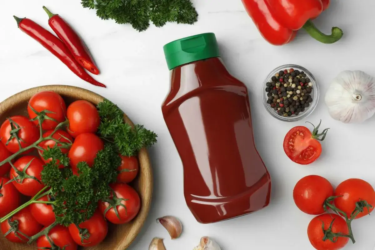 Ingredientes frescos rodean una botella de ketchup. &iquest;El ketchup es dulce o salado? Tomates, pimientos, ajo y perejil sugieren un sabor complejo.