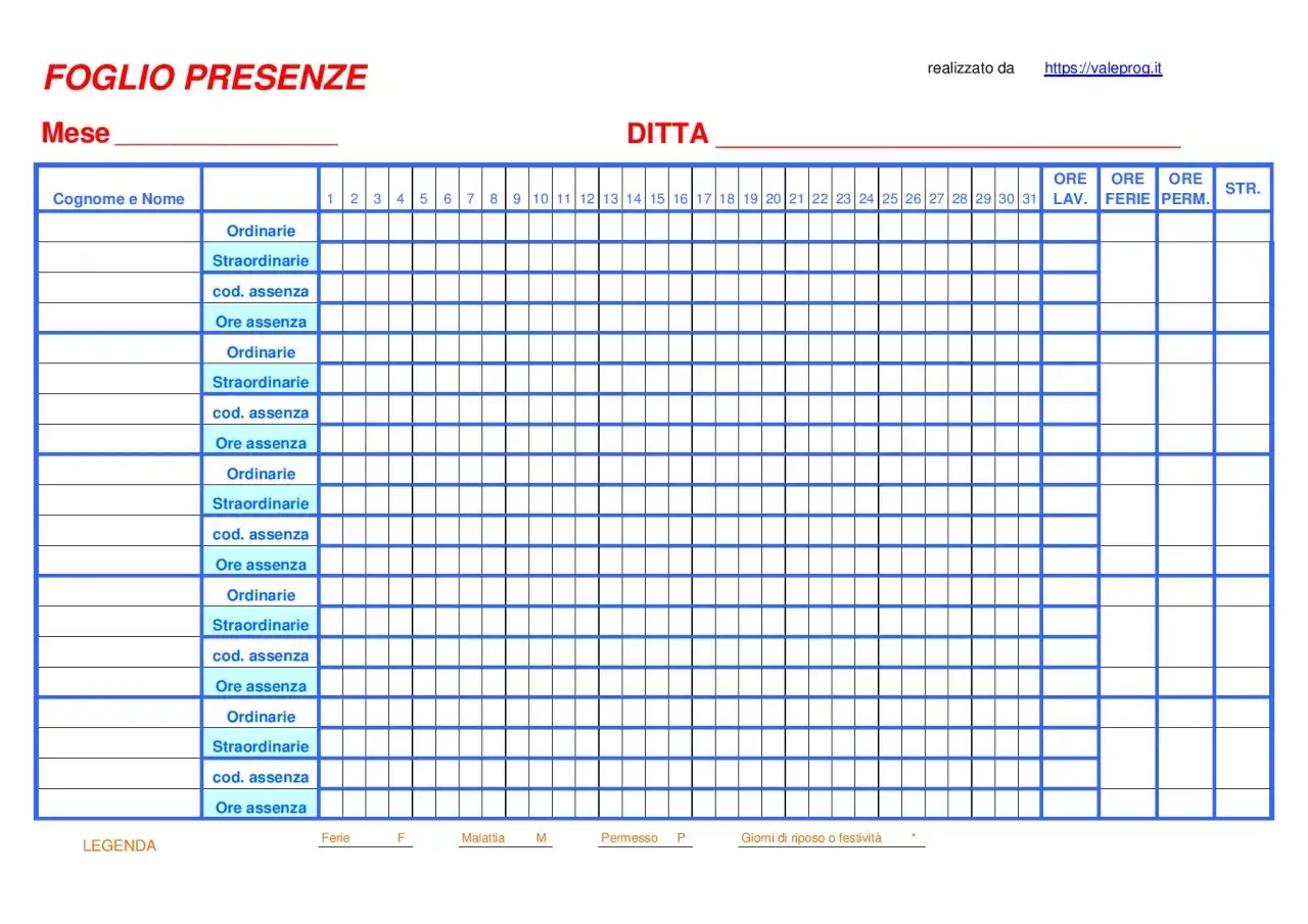 Foglio presenze dipendenti per monitorare ore ordinarie, straordinarie e assenze mensili.