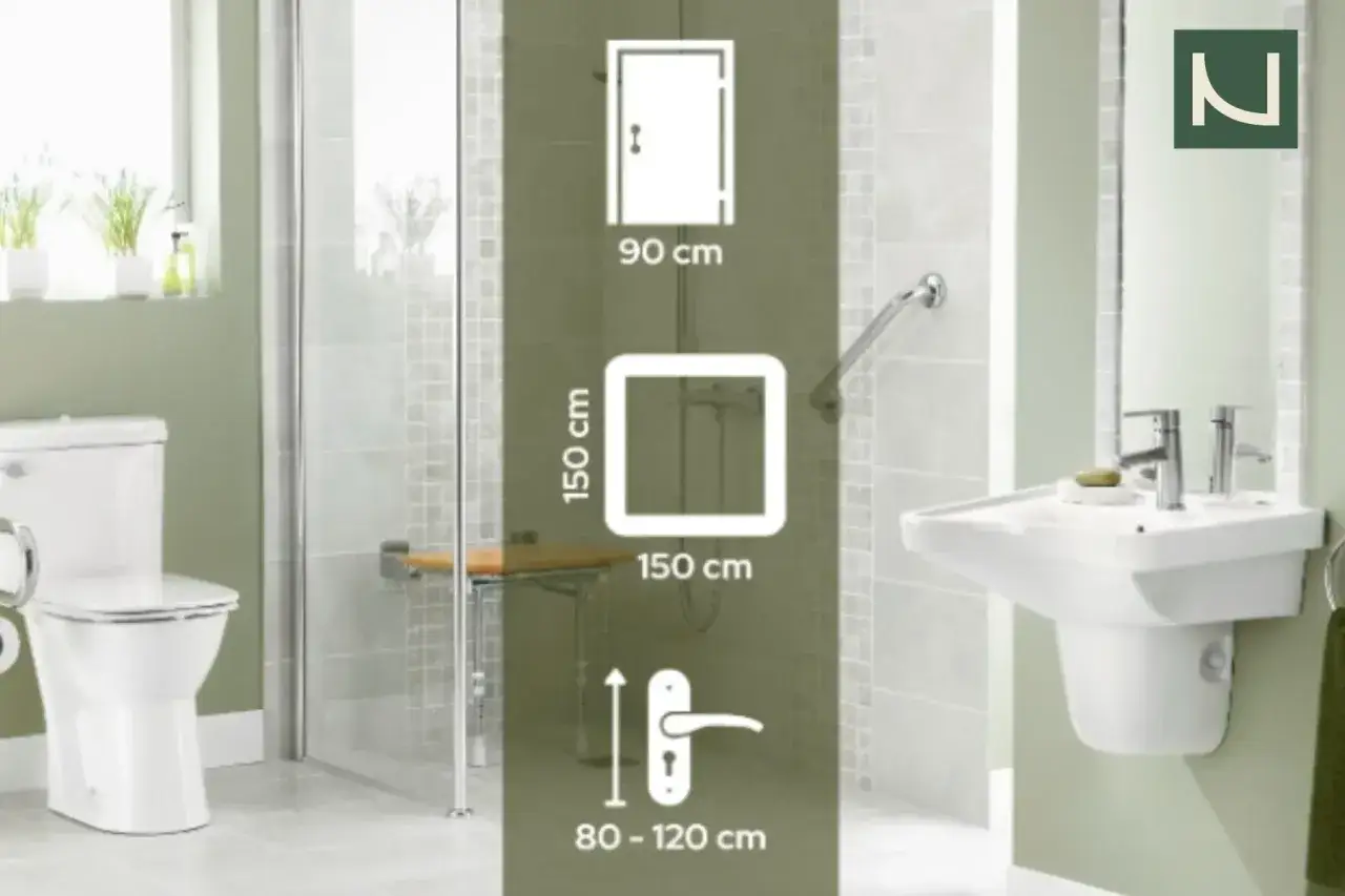 Wskazówki dotyczące minimalnych wymiarów toalety dla niepełnosprawnych: drzwi 90 cm, przestrzeń manewrowa 150x150 cm, wysokość uchwytu 80-120 cm.