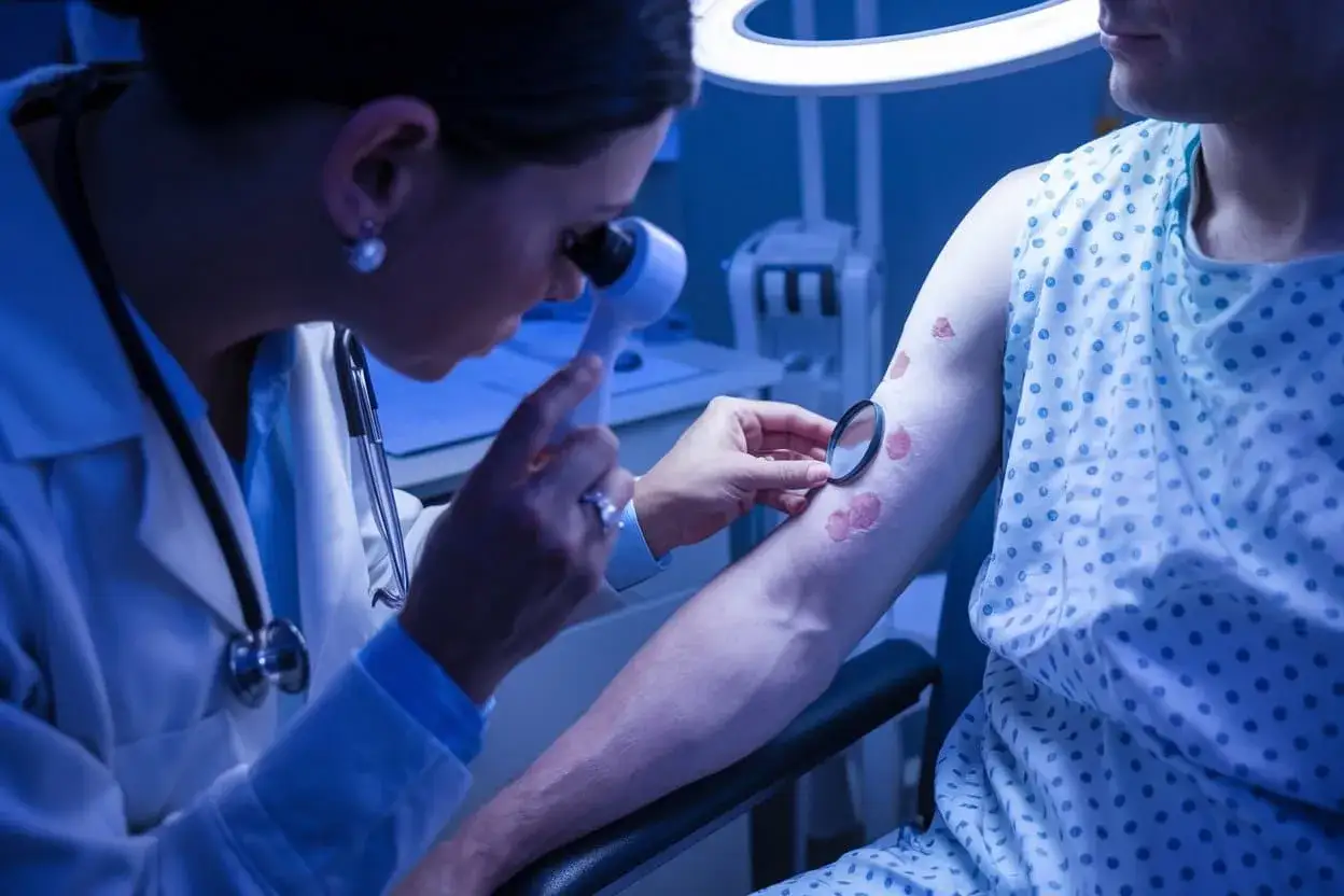 Un dermatologue r&eacute;alise un examen dermatologique complet de l&eacute;sions cutan&eacute;es sur le bras d'un patient, &agrave; l'aide d'un dermatoscope.