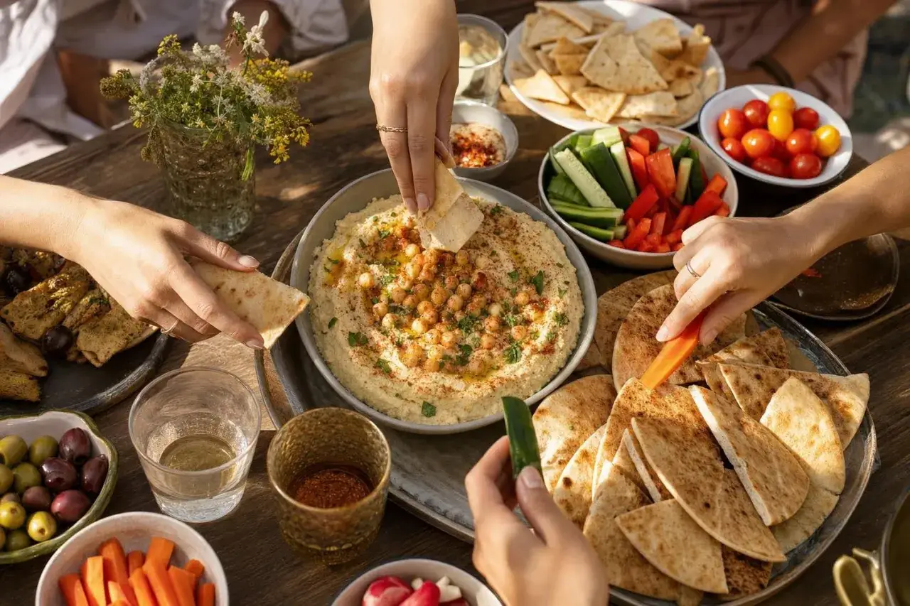 Un grand plat de houmous crémeux, garni de pois chiches et d'épices, est au centre d'une table. Des mains trempent du pain pita et des crudités dans cette recette houmous facile.