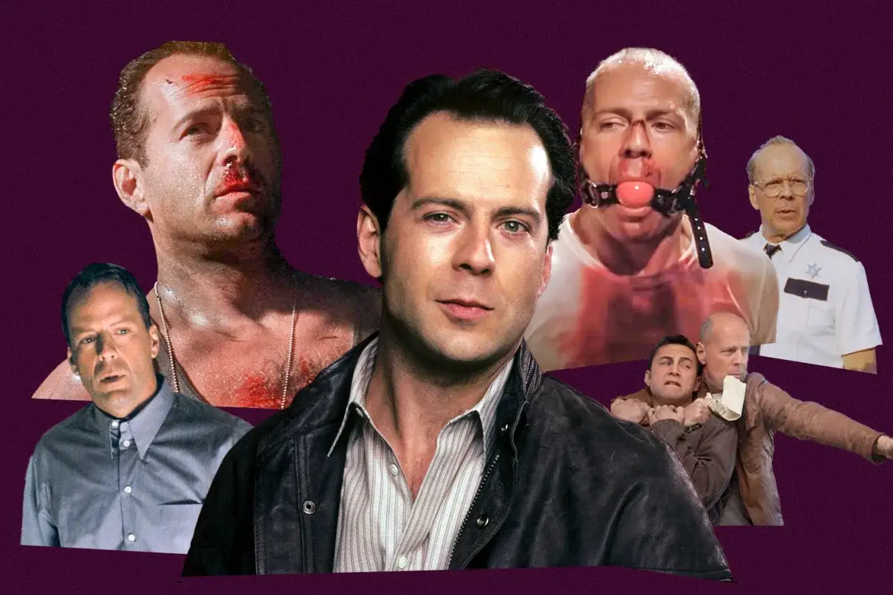 Collage av scener med den manliga amerikanska skådespelaren Bruce Willis, som visar hans mångsidighet i olika roller.