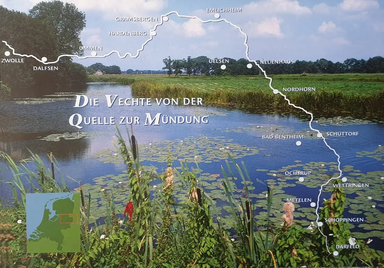 Karte des Vechte-Radwegs von der Quelle zur Mündung, mit Orten wie Zwolle, Nordhorn und Darfeld.