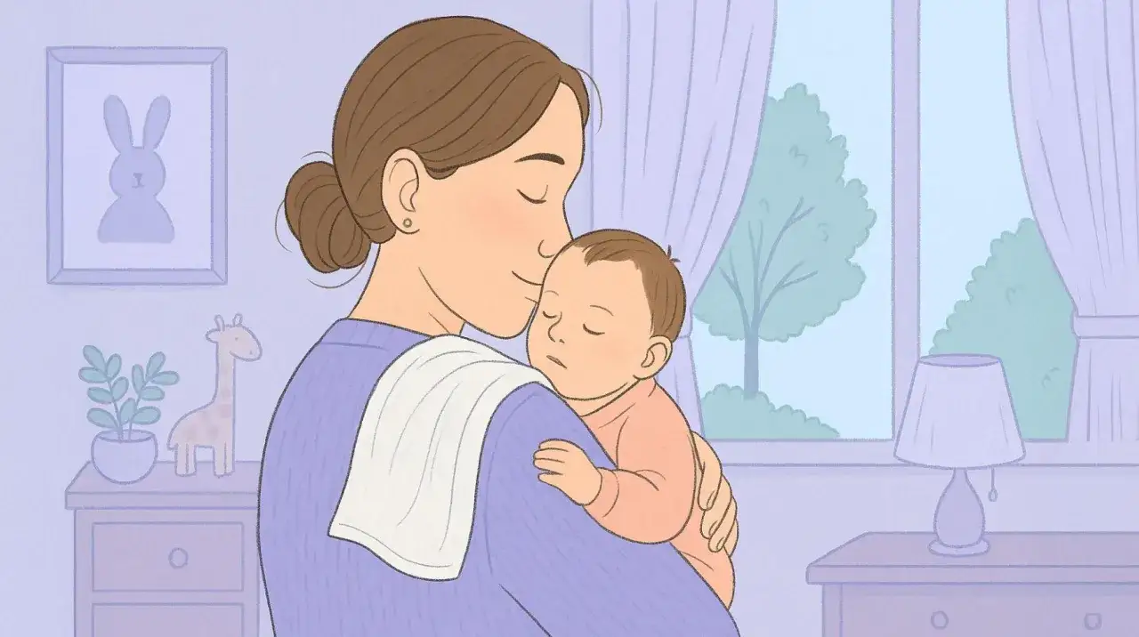 Mamma tr&ouml;star sovande bebis. Lugn stund, kanske f&ouml;r att lindra symtom p&aring; tyst reflux.