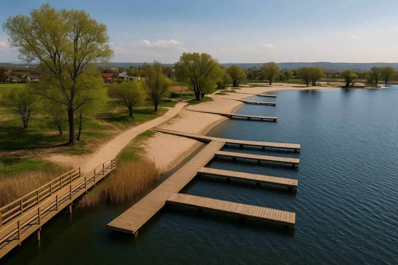 Drewniane pomosty i plaża nad jeziorem w przylasku rusieckim.