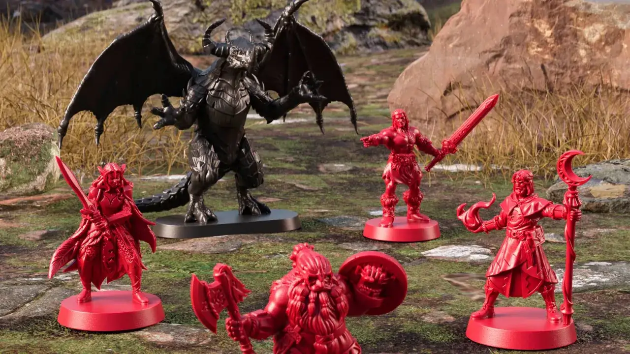 Ein schwarzer Drache steht einer Gruppe roter Helden gegen&uuml;ber. Ein episches Schwert & Zauberei-Abenteuer beginnt.