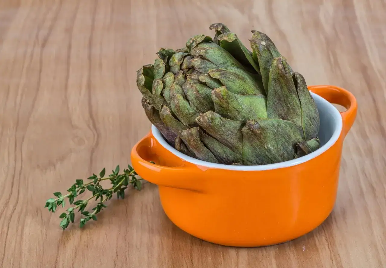 Un gros artichaut vert dans une cocotte orange, prêt à être cuisiné au Cookeo avec du thym frais.