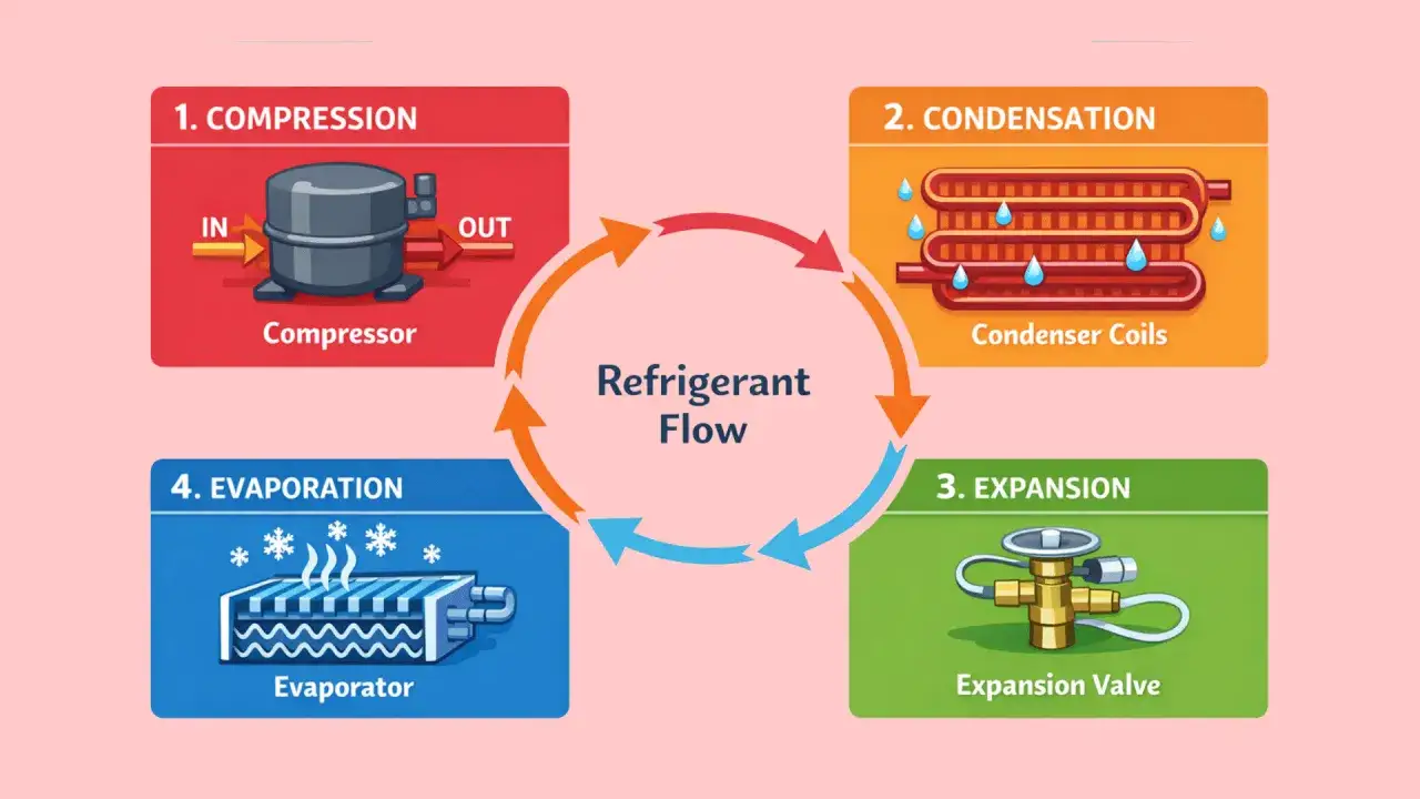 Schéma expliquant comment fonctionne un frigo : compression, condensation, expansion et évaporation du fluide frigorigène.