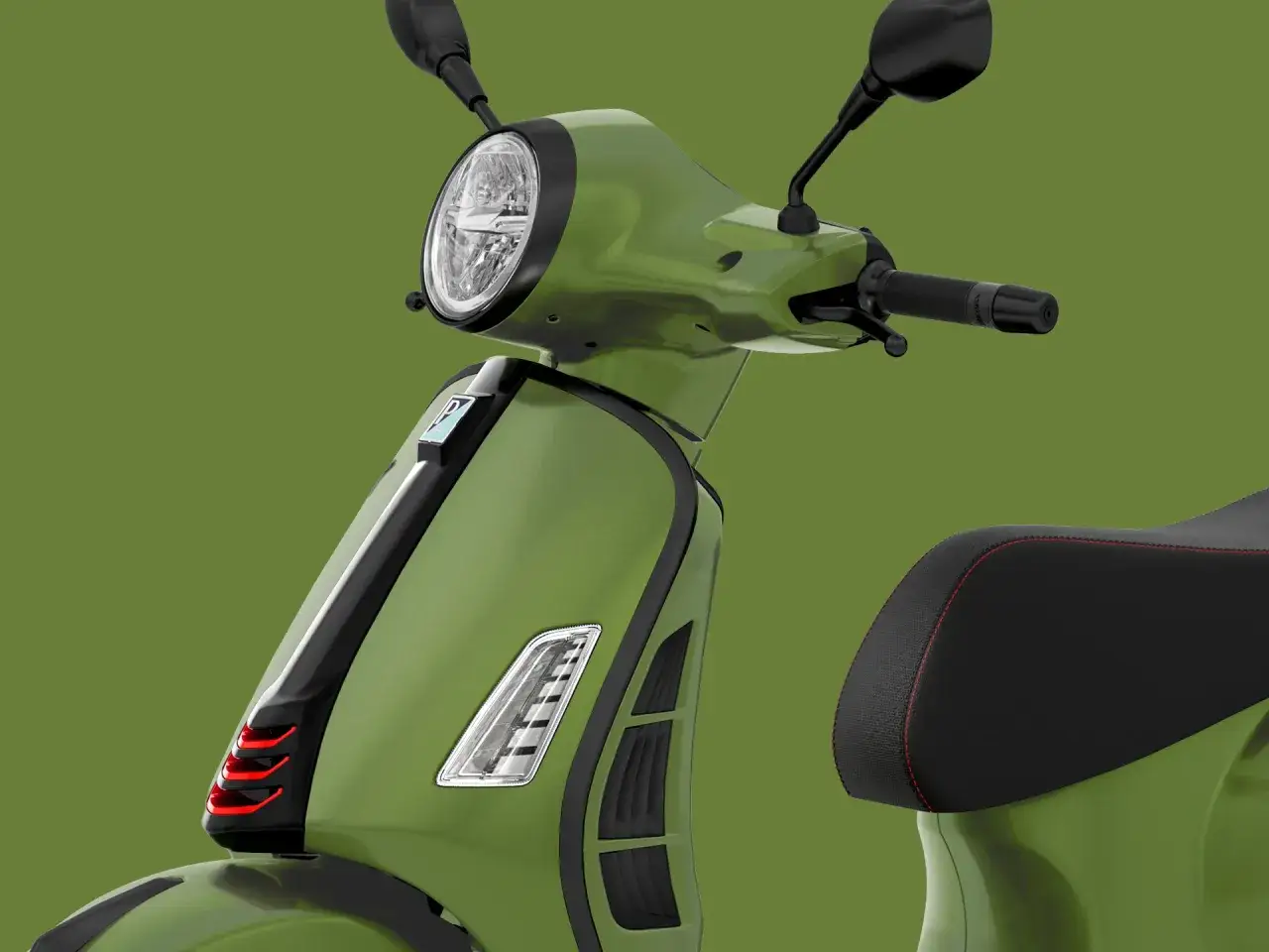 Detalle de la Vespa GTS 300 Super Sport verde, con asiento negro y costuras rojas.