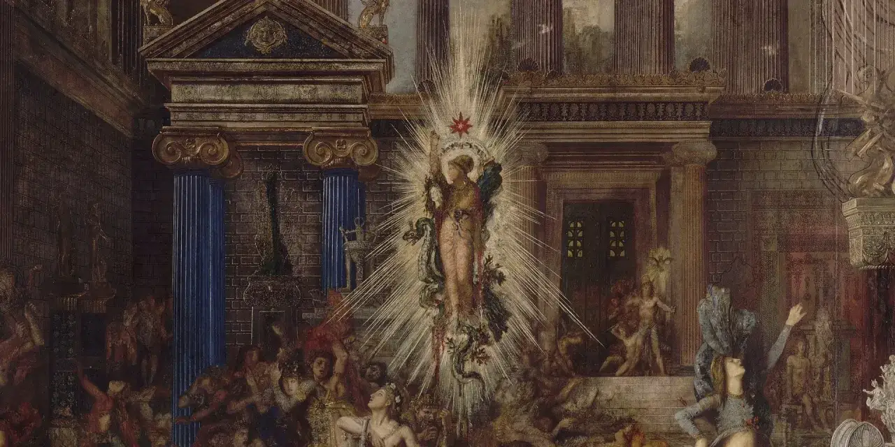 Une figure rayonnante, entourée de serpents et d'étoiles, domine une foule en extase. Le symbolisme de cette scène mystique est palpable.