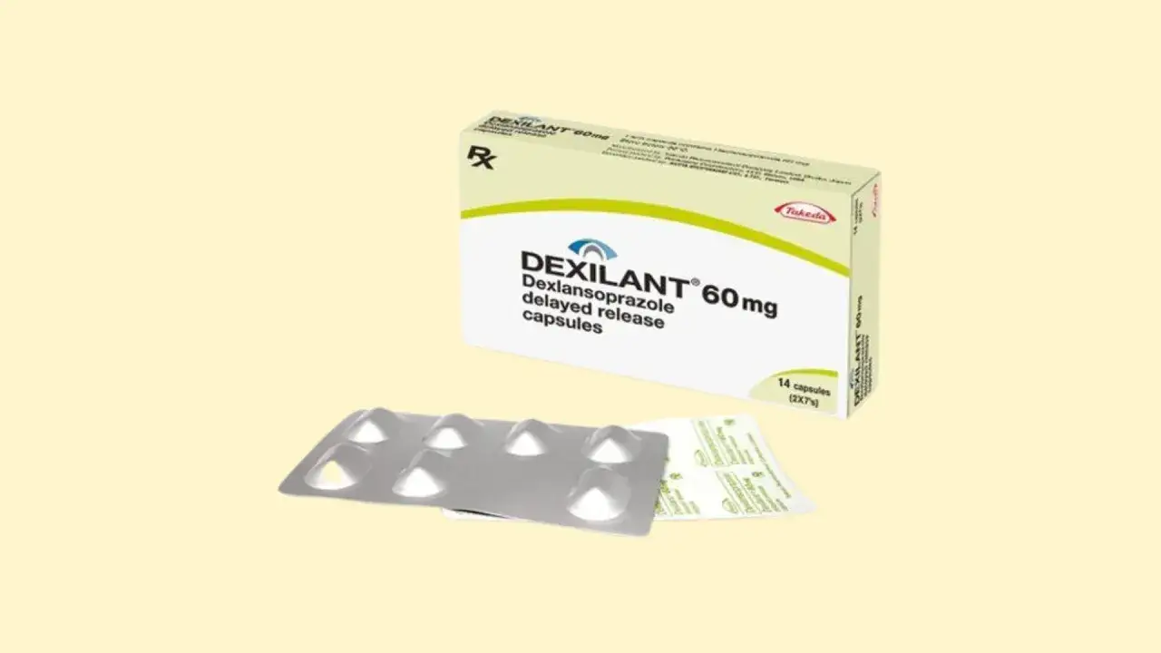 Opakowanie Dexilant 60mg, kapsułki o opóźnionym uwalnianiu, stosowane na zgagę i refluks.