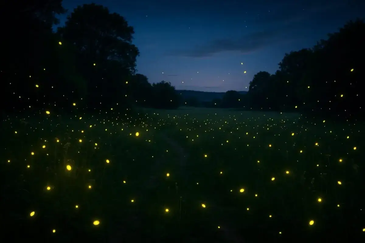 Un prato incantato di notte, illuminato da migliaia di lucciole danzanti. Un sentiero serpeggia tra l'erba, invitando a perdersi in questo magico spettacolo naturale.