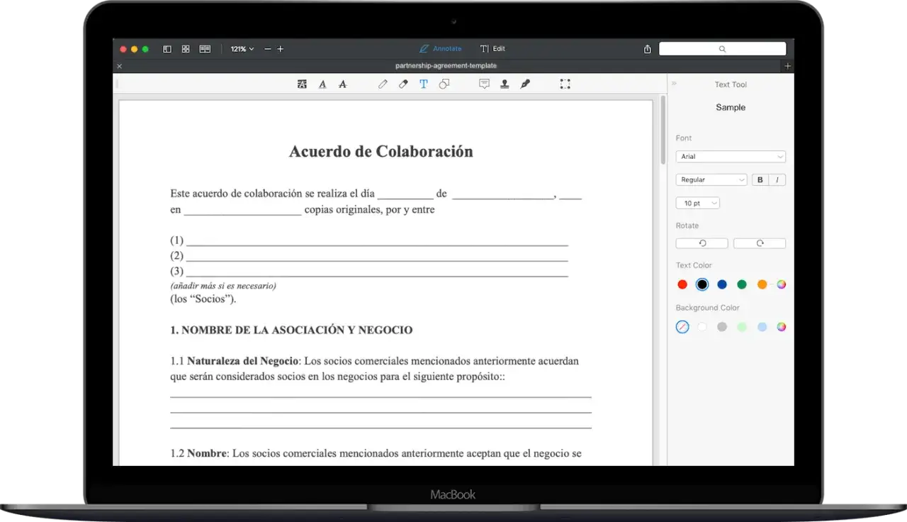 Un modelo precontrato de colaboraci&oacute;n en un editor de texto, con opciones de formato y color.