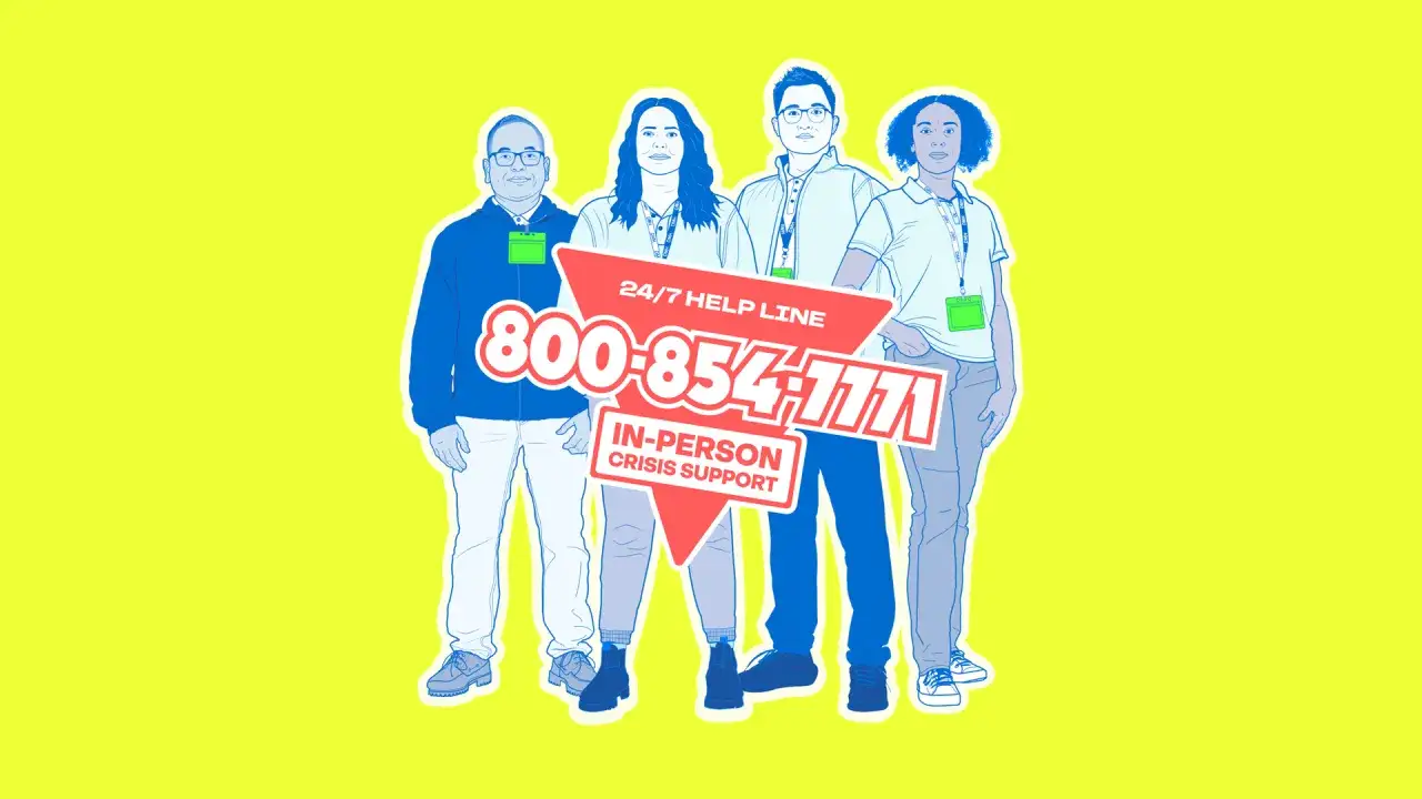 Gdy pojawiają się myśli autodestrukcyjne, pamiętaj o wsparciu. Oto numer 800-854-7771 dla pomocy kryzysowej.