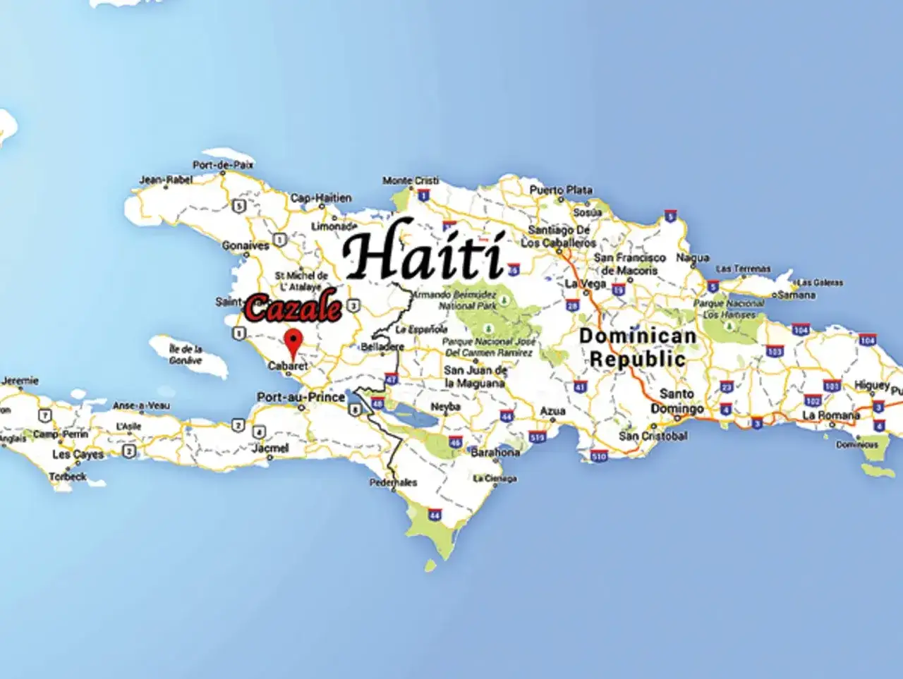 Mapa Haiti i Dominikany. Zaznaczony Cazale, gdzie polacy na Haiti szukają swoich korzeni.