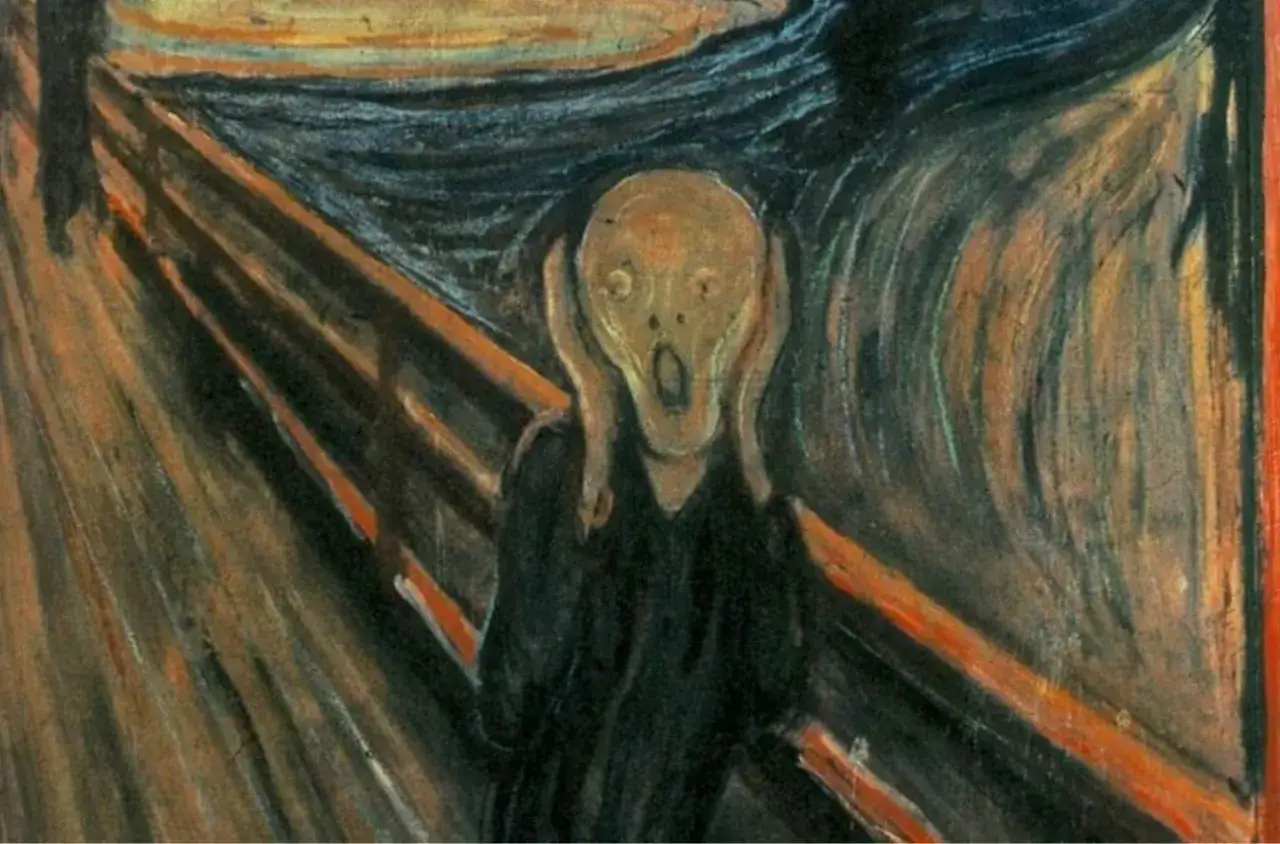 Le visage d&eacute;form&eacute; par le d&eacute;sespoir, le cri de Munch r&eacute;sonne sur un pont sous un ciel tourment&eacute;.