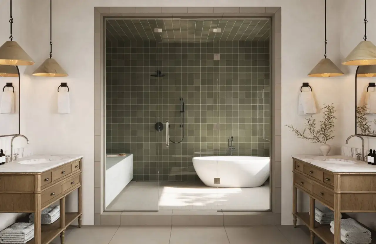 A modern bathroom with a freestanding tub and walk-in shower featuring olive green, most durable tile.