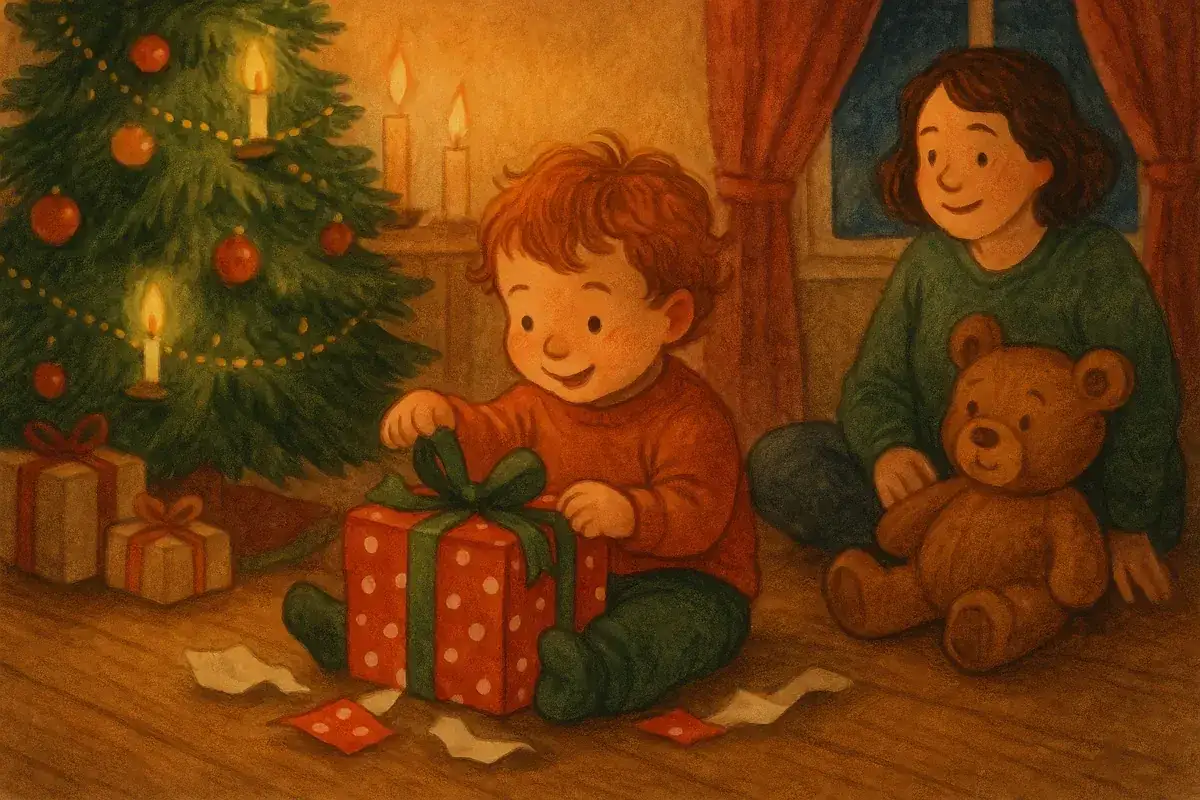 En glad pojke öppnar en julklapp vid granen. Bredvid sitter en kvinna med en nallebjörn. En mysig julrebus med svar.