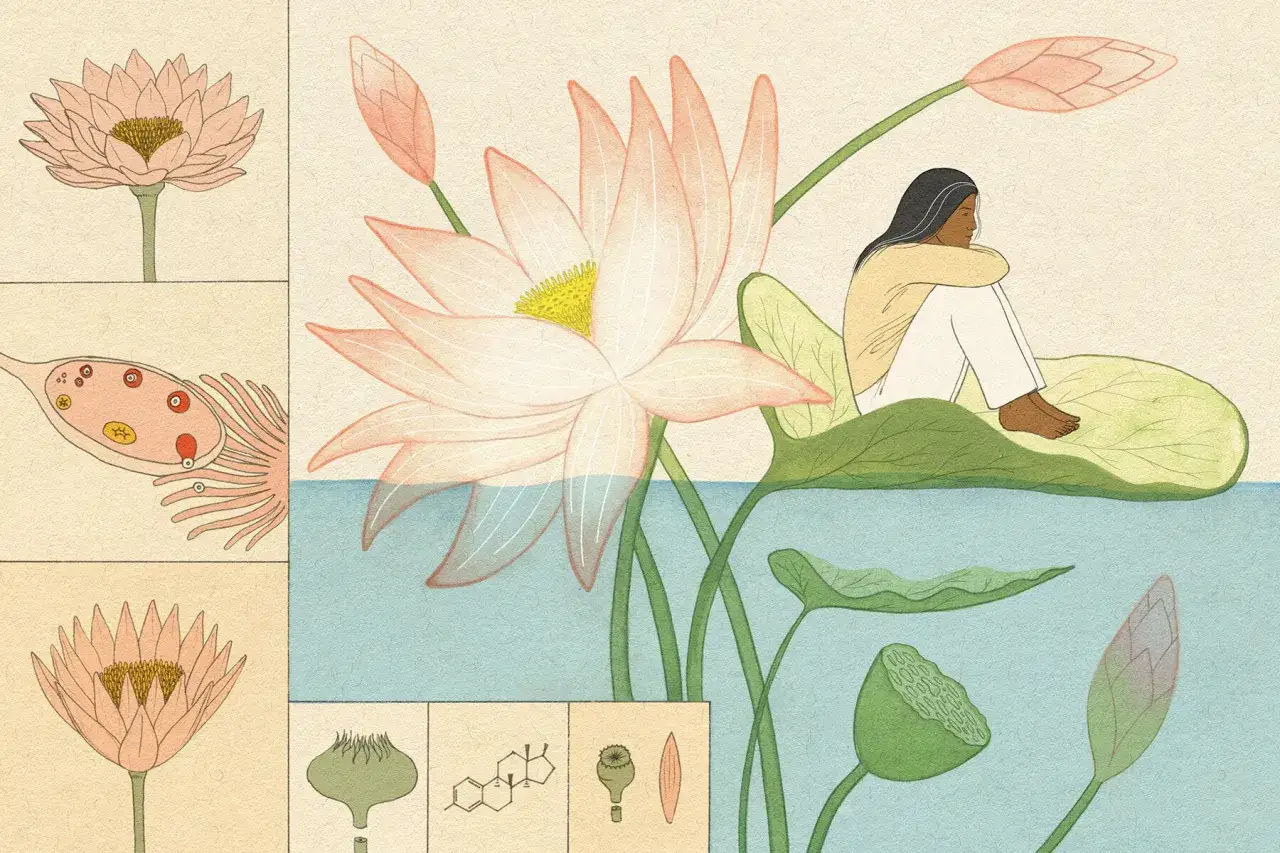 En kvinna sitter på ett näckrosblad, omgiven av blommor. Bilden illustrerar biologiska processer och hormonella förändringar, som kan leda till torra slemhinnor under klimakteriet.