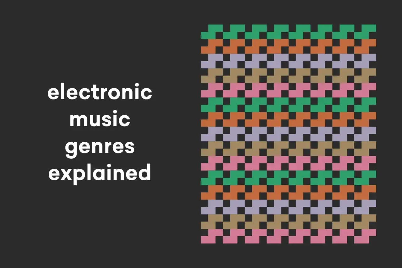 Erklärung von elektronischen Musikgenres. Bunte Pixelmuster repräsentieren die Vielfalt.