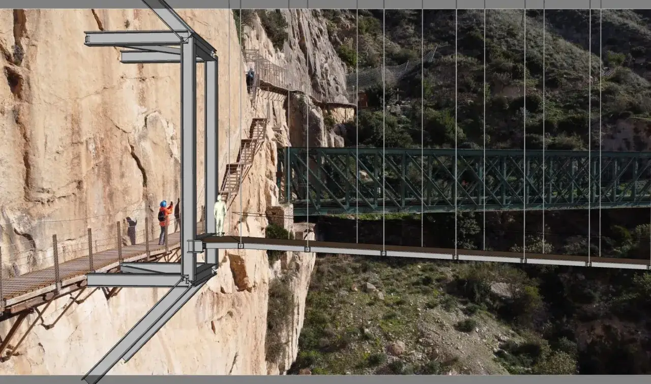 La ruta del rey, un sendero suspendido en un acantilado, con un puente metálico verde y personas caminando.