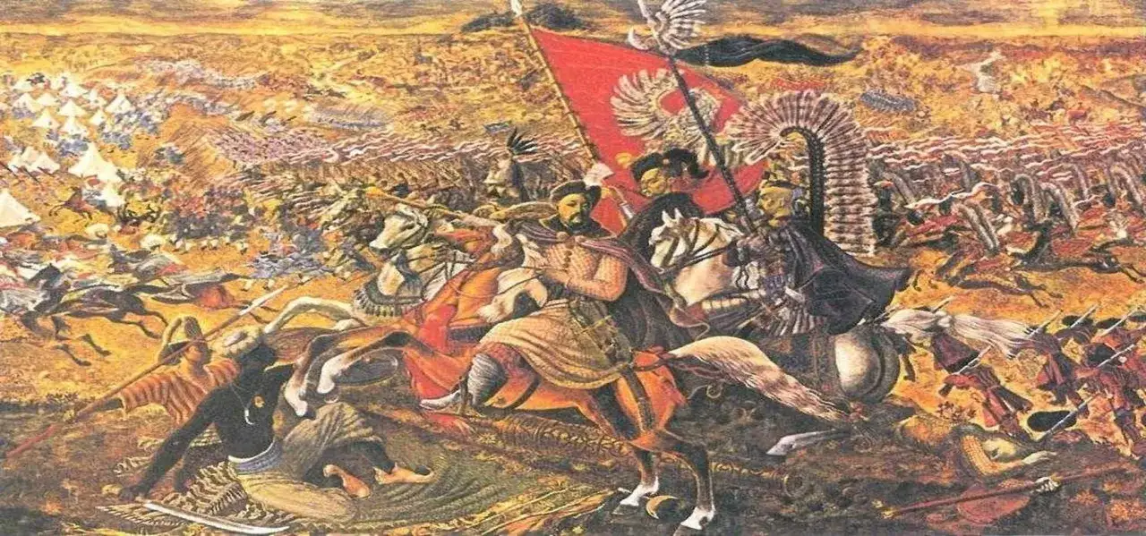 Obraz przedstawia bitwę, gdzie polscy sabaton winged hussars w zbrojach i z charakterystycznymi skrzydłami szarżują na wroga.