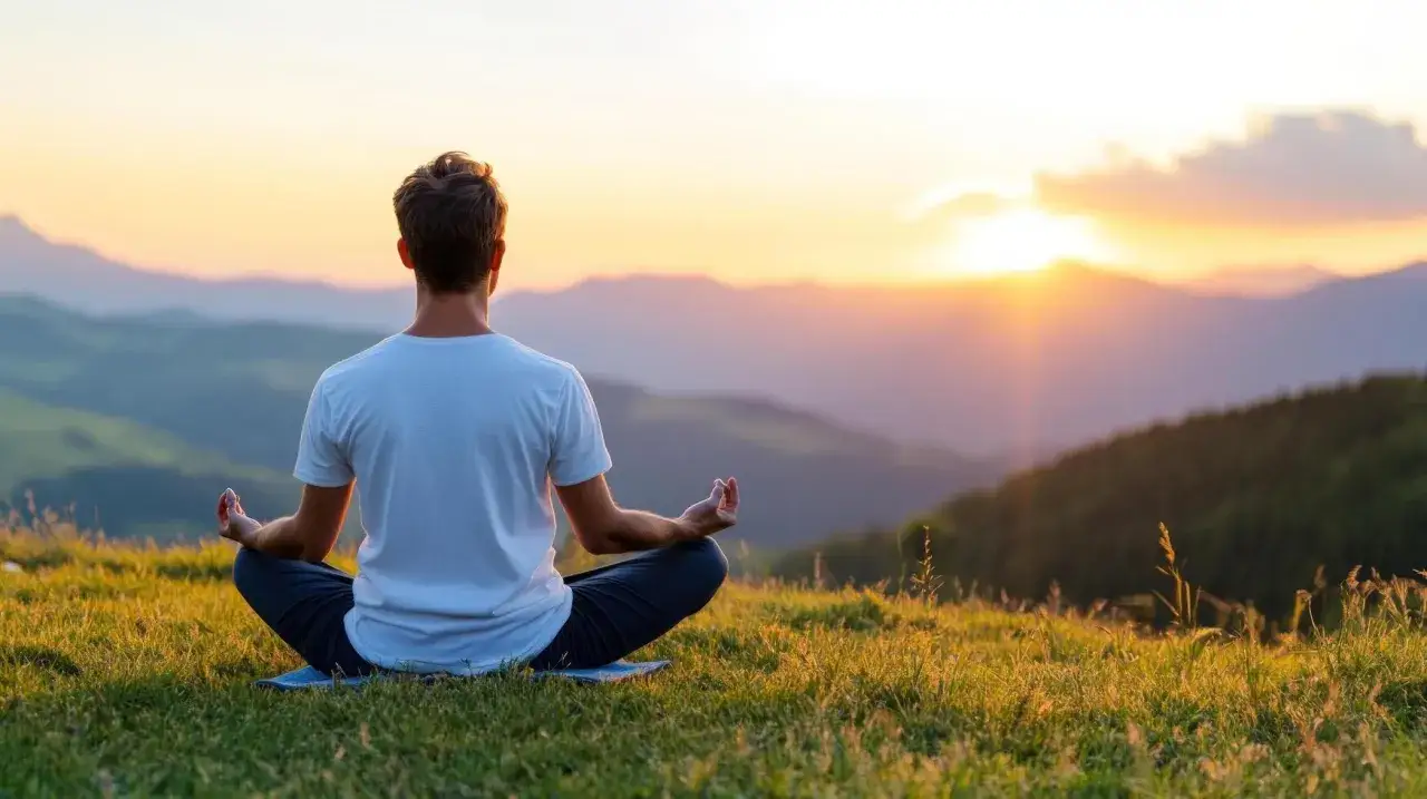 Hombre meditando en la cima de una montaña al atardecer. Su postura serena refleja su mantra de vida: paz interior.