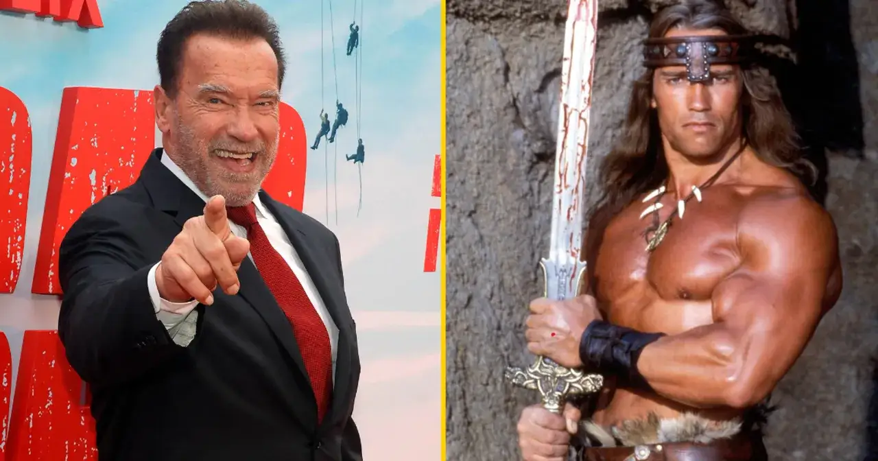 Arnold Schwarzenegger w garniturze i jako Conan Barbarzyńca. Ciekawe, ile lat ma Schwarzenegger, patrząc na te zdjęcia?