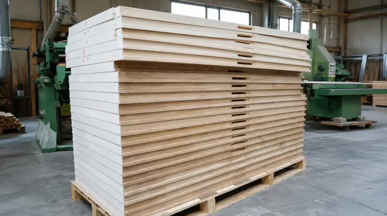 Pannelli di legno tamburato impilati in un magazzino. Il legno tamburato, con la sua struttura a nido d'ape, offre leggerezza e resistenza.