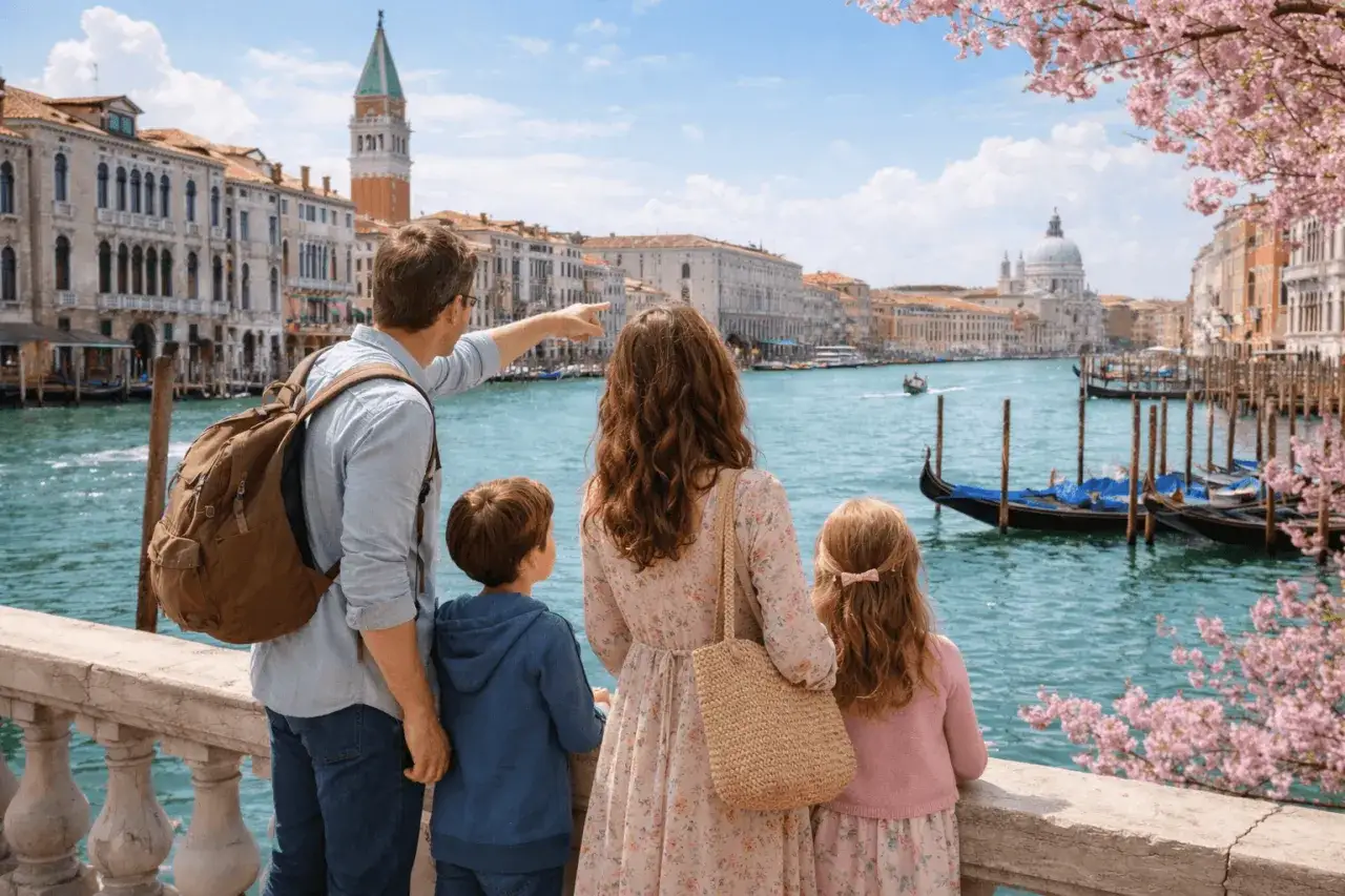 Famiglia ammira il Canal Grande a Venezia con bambini, tra palazzi storici e gondole.