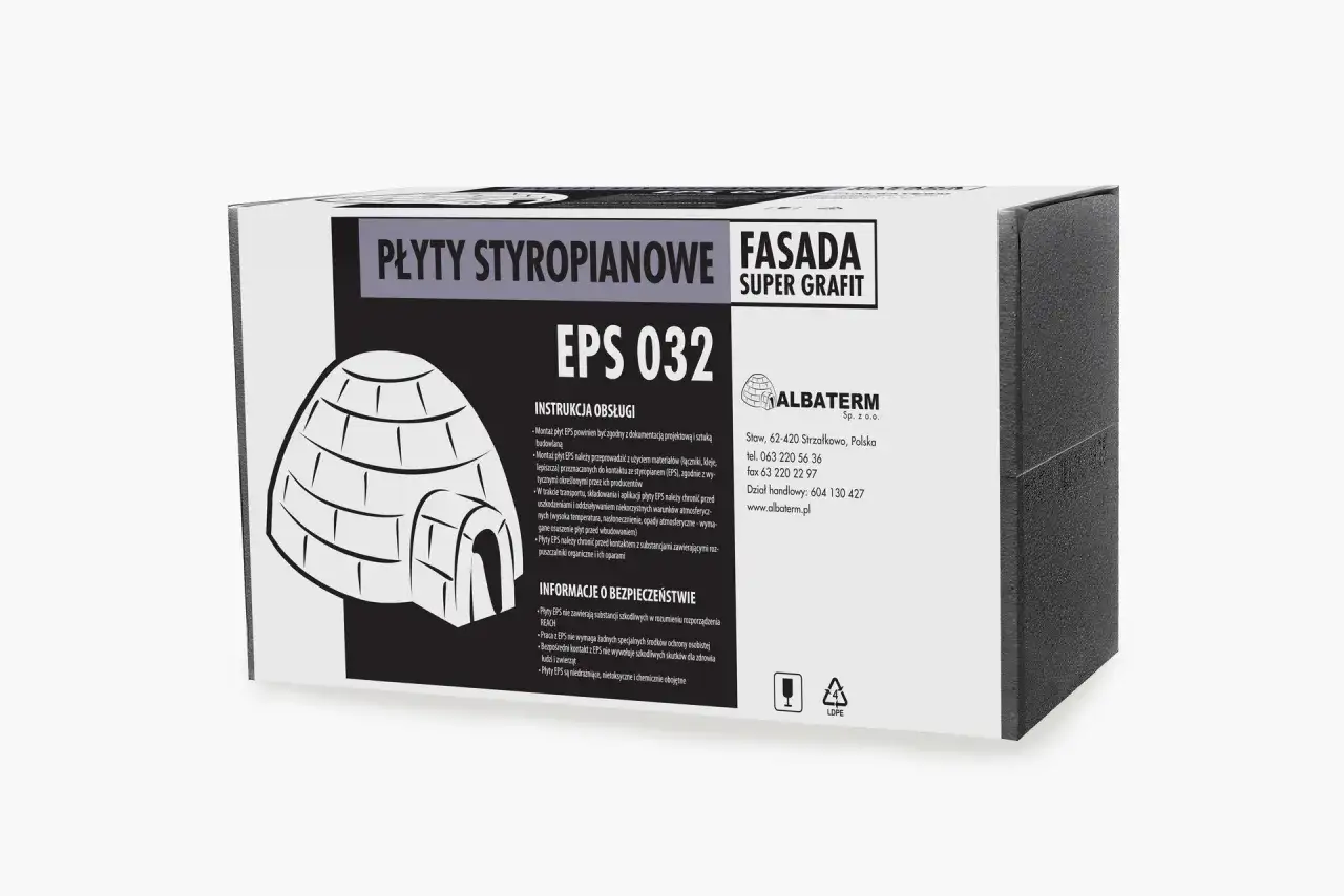 Płyty styropianowe Fasada EPS 032, idealne do izolacji. Grubość styropianu zapewnia doskonałą izolację termiczną.