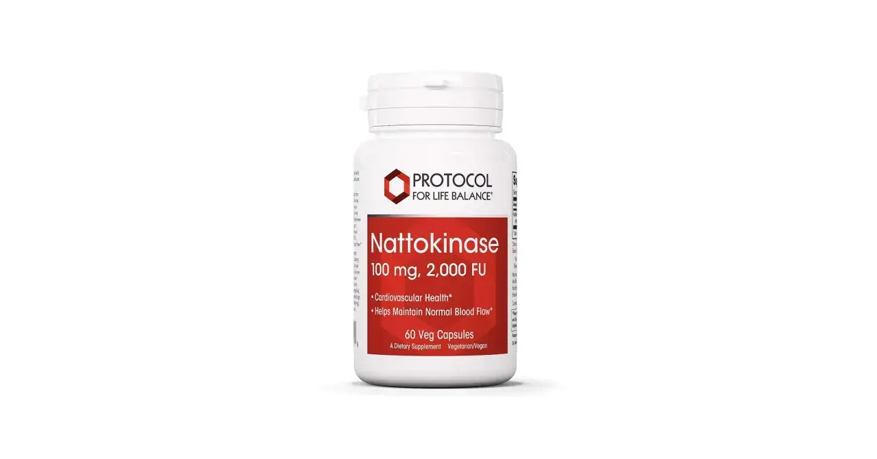 Biała butelka suplementu Nattokinase 100 mg, 2000 FU. Informacje o produkcie, w tym o wsparciu zdrowia sercowo-naczyniowego i normalnym przepływie krwi, mogą być pomocne w ocenie potencjalnych nattokinaza skutki uboczne.