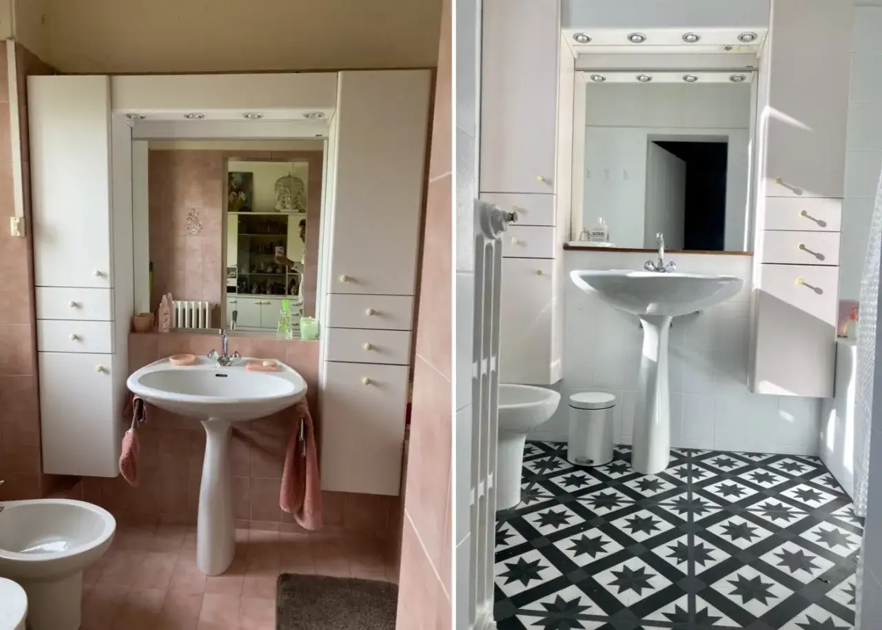 Avant/après d'une salle de bain : la rénovation faience a transformé le sol rose en un motif graphique noir et blanc.