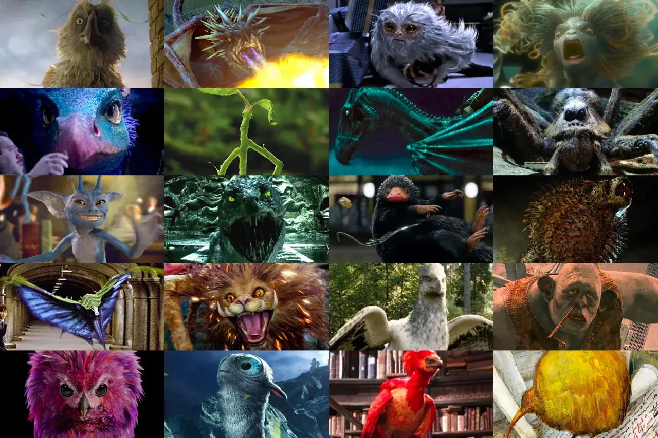 Kompilacja magicznych stworzeń z film&oacute;w o Harrym Potterze: Niffler, Demiwąż, Ptak Gromu, Gryf, a także inne fantastyczne zwierzęta.