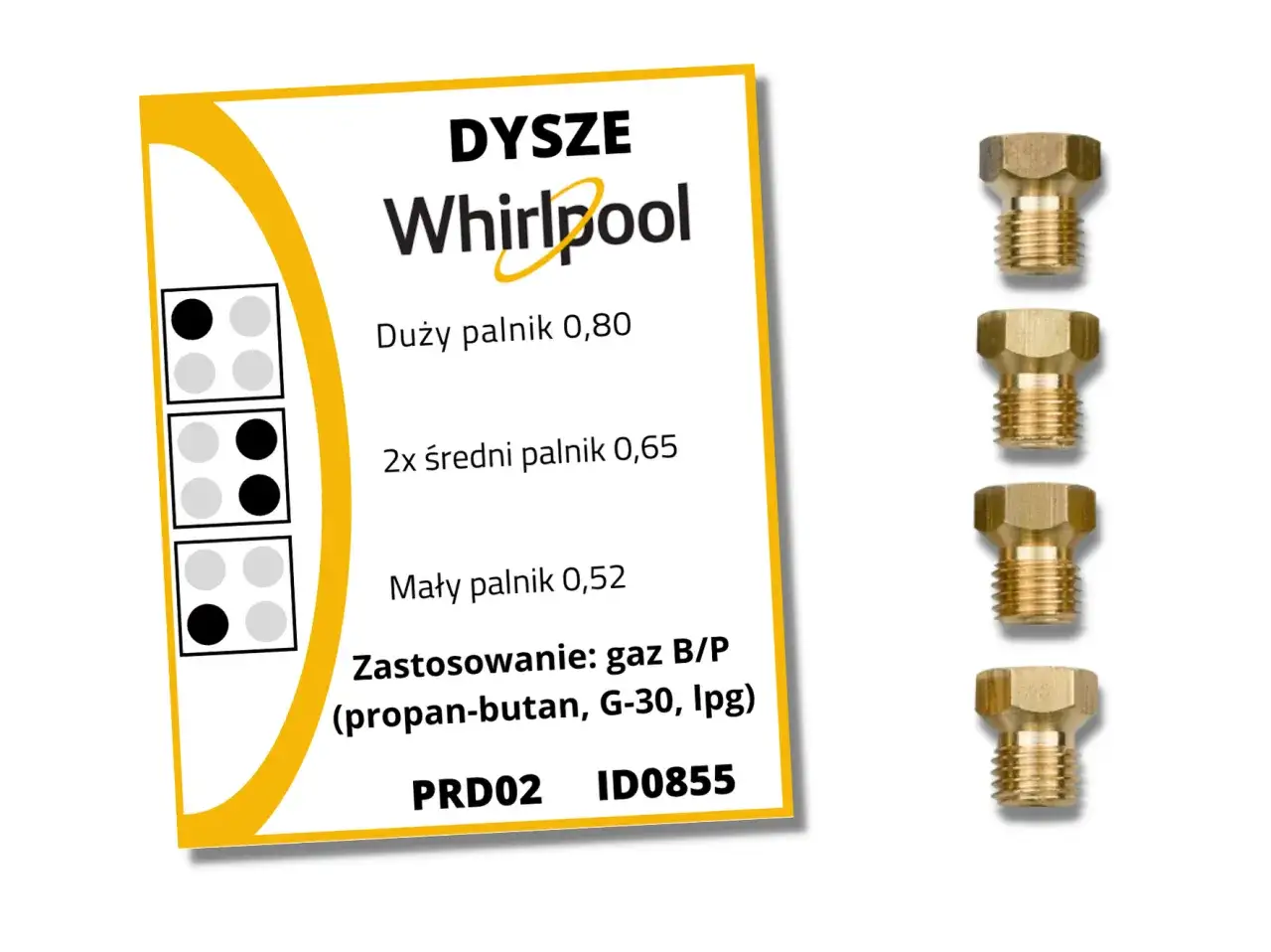 Dysze Whirlpool do przystosowania kuchenki gazowej do gazu z butli (propan-butan, G-30, lpg). Zestaw zawiera dysze do palników: dużego 0,80, dwóch średnich 0,65 i małego 0,52.