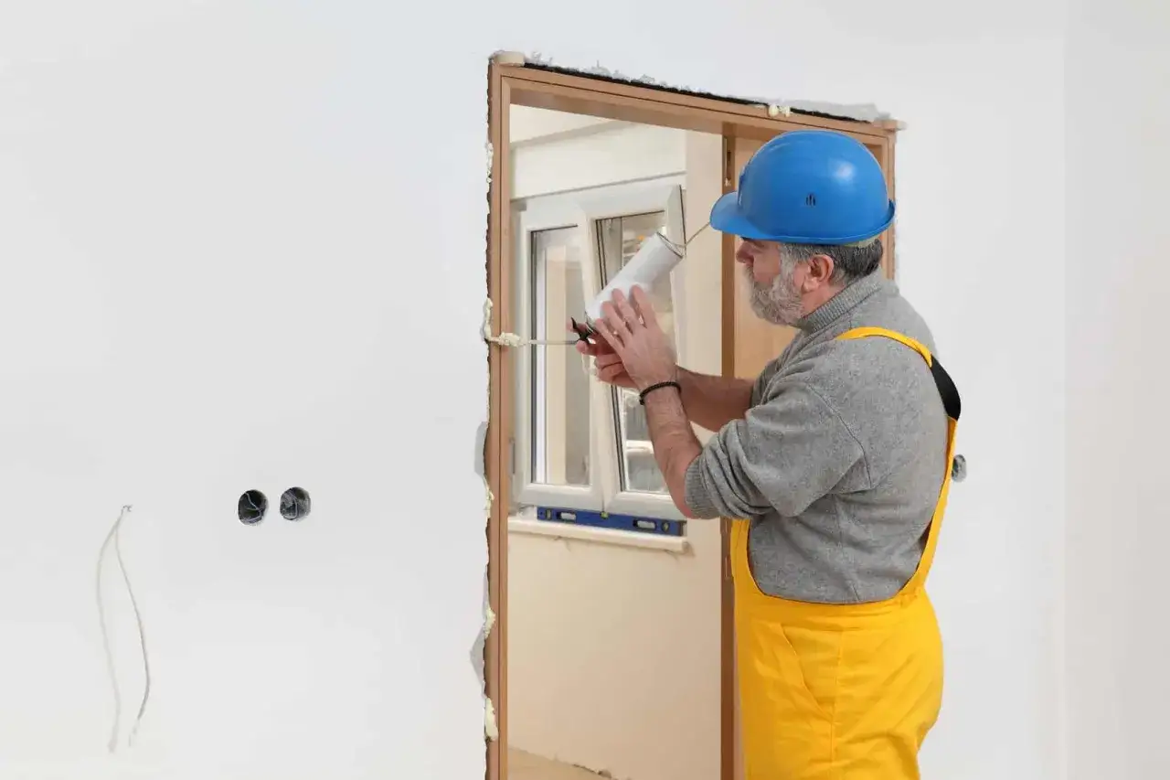 Un ouvrier en casque bleu utilise une mousse expansive pour installer un nouveau cadre de porte. Il s'apprête à changer une porte intérieure.