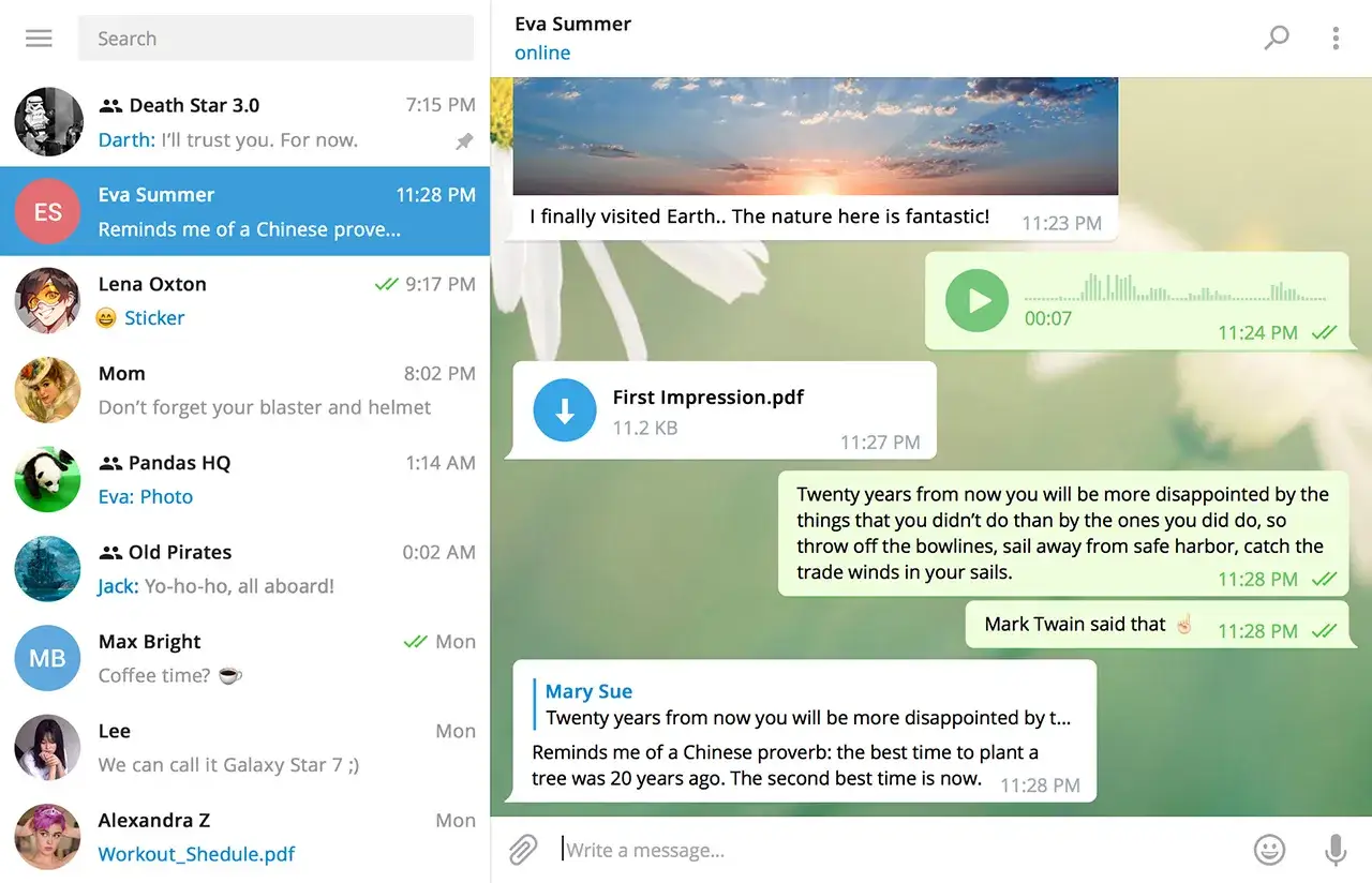 Rozmowa w aplikacji telegram. Eva Summer wysłała zdjęcie, plik PDF i wiadomość głosową.