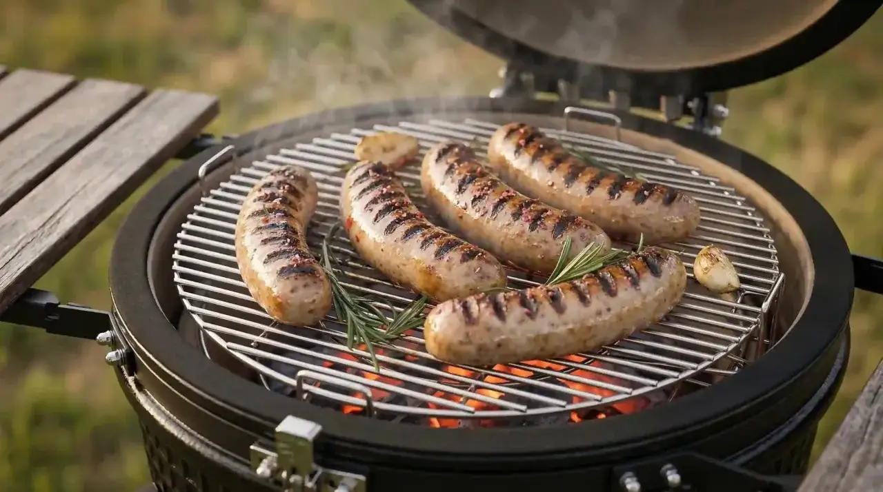 Cinq merguez savoureuses grésillent sur un barbecue, accompagnées de romarin et d'ail. La chaleur des braises fait monter la vapeur.