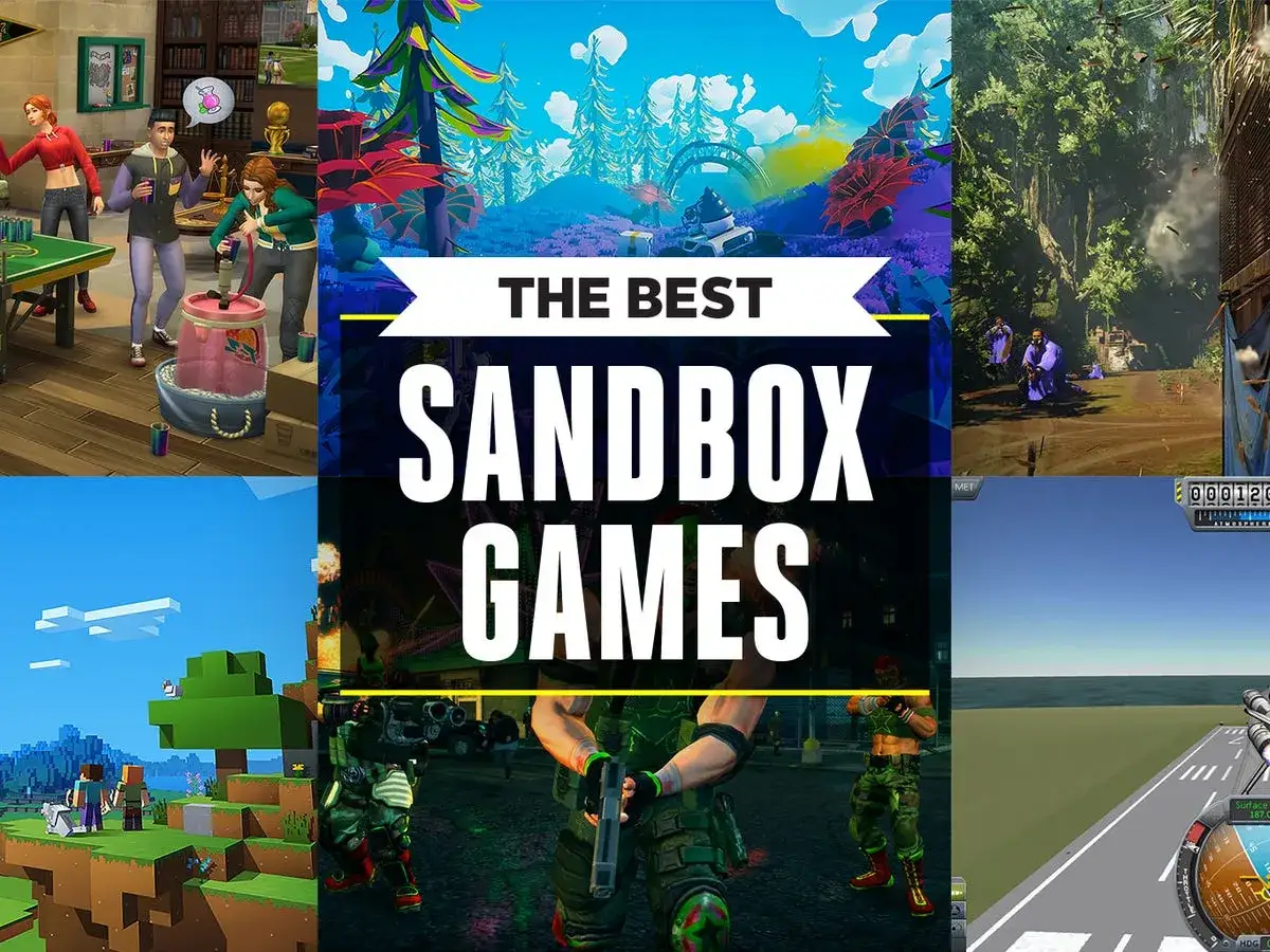 Kolaż z grafik z gier, w tym The Sims, Minecraft i innych, prezentujący najlepsze gry sandbox.