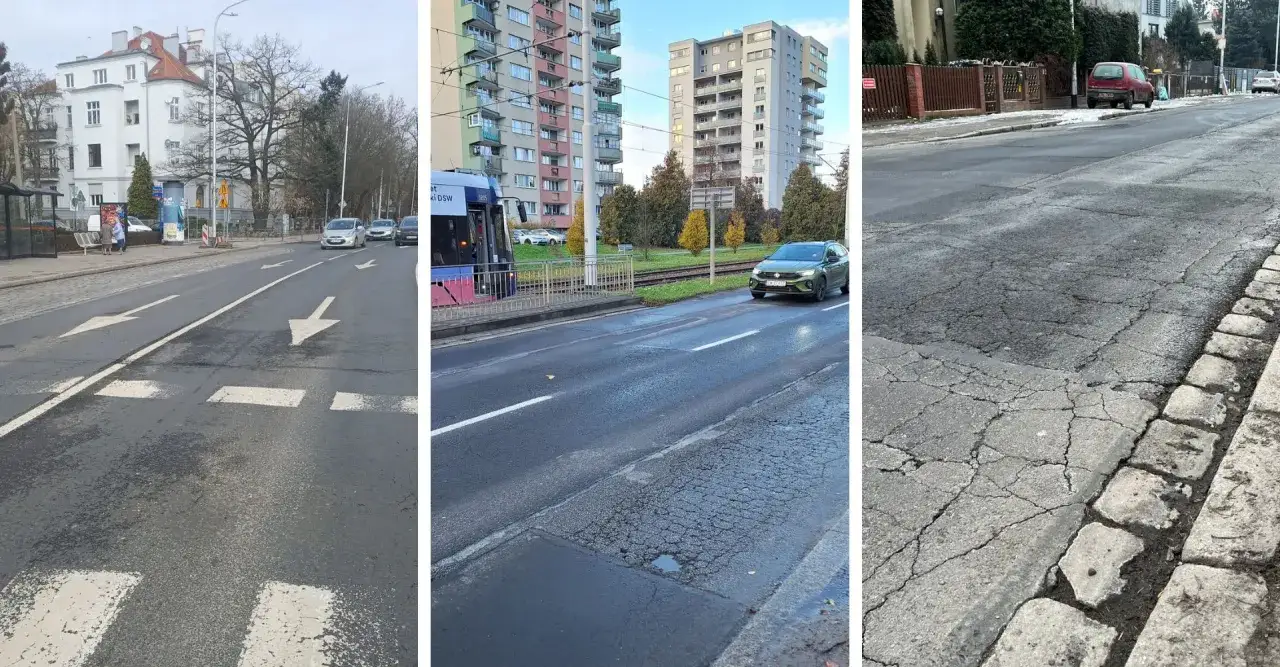 Trzy ujęcia ulic we Wrocławiu: z pasami, tramwajem i zniszczoną nawierzchnią.