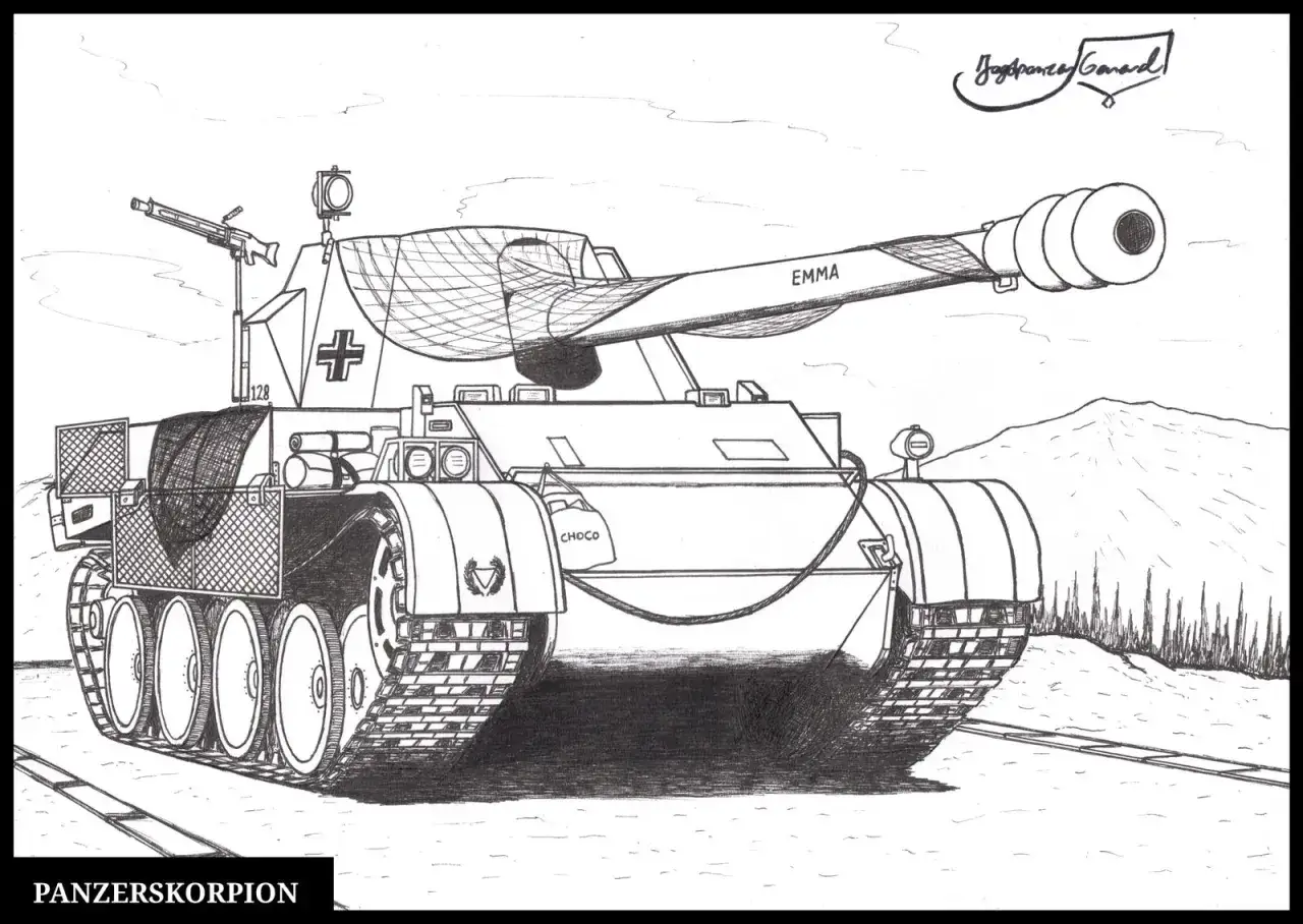 Zeichnung eines **Panzer**-Skorpions mit dem Namen