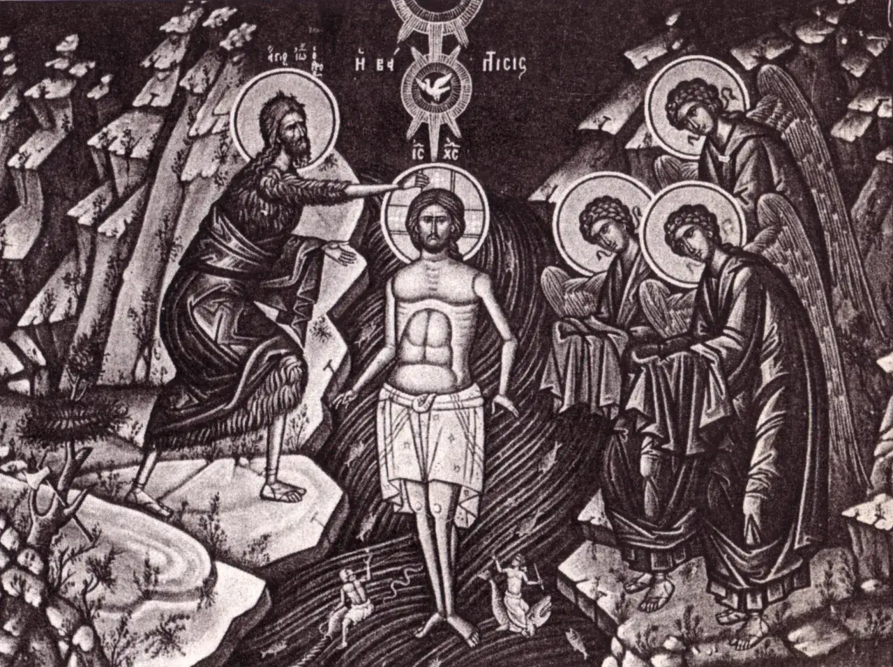 Icon depicting John the Baptist baptizing Jesus, with angels present. This scene illustrates what the Bible says about baptism as a sacred rite.