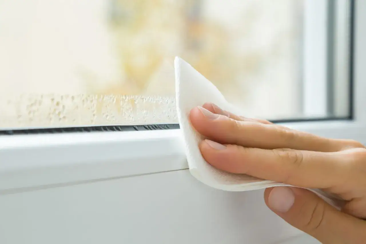 Mano limpiando gotas de condensación en una ventana. Una forma de como bajar la humedad en casa es secando las ventanas.