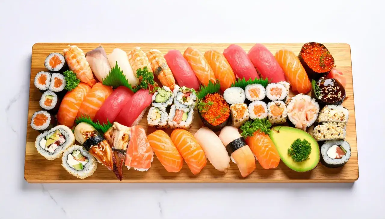 Bogactwo sushi na desce. Czy sushi jest kaloryczne? Zależy od składników, ale ten zestaw wygląda apetycznie i zdrowo!