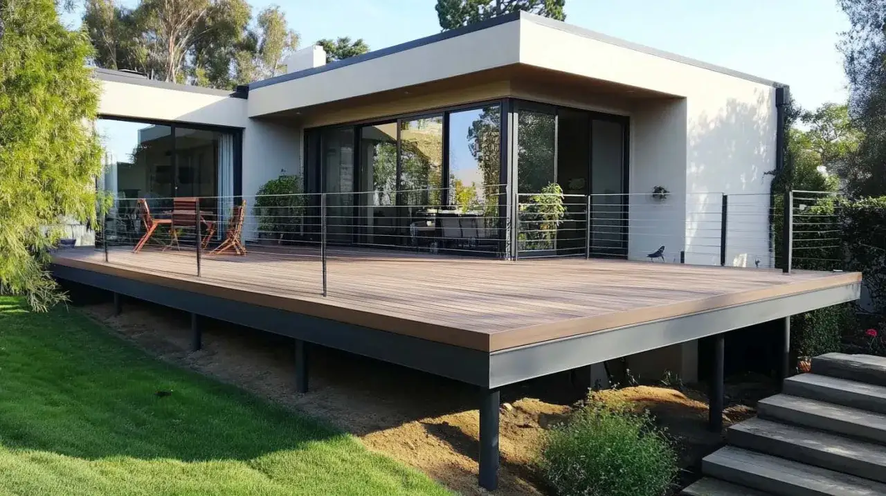 Une **terrasse sur pilotis moderne** en bois, avec garde-corps en câble, s'avance sur une pelouse verdoyante. Des meubles de jardin invitent à la détente.