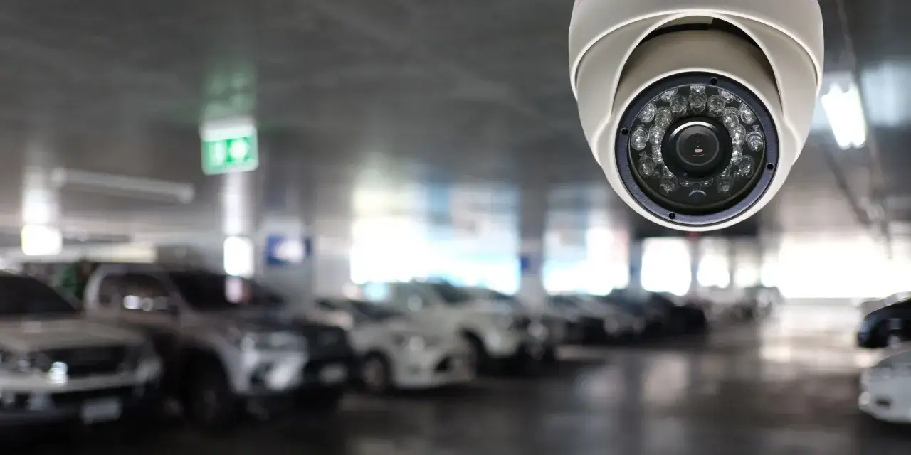 Cam&eacute;ra de vid&eacute;osurveillance entreprise dans un parking souterrain. Des voitures sont gar&eacute;es, sous l'&oelig;il vigilant de la cam&eacute;ra.