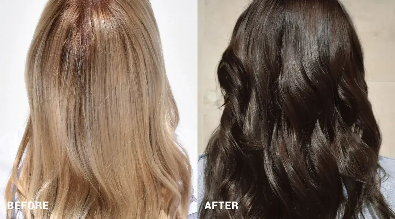 Före och efter-bild på hår som går från blond till brunett.