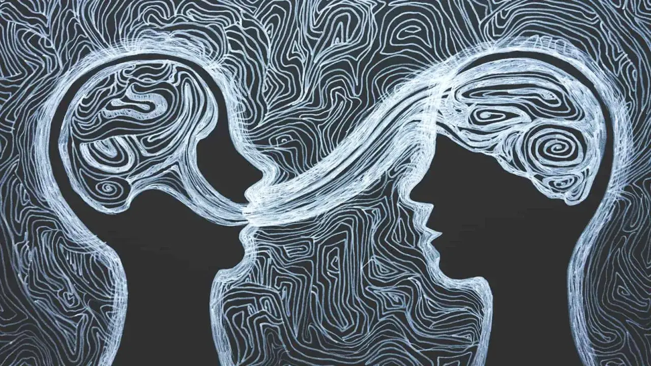 Dos perfiles humanos unidos por l&iacute;neas que fluyen, sugiriendo una profunda conexi&oacute;n, quiz&aacute;s una **relaci&oacute;n k&aacute;rmica** que trasciende el tiempo.